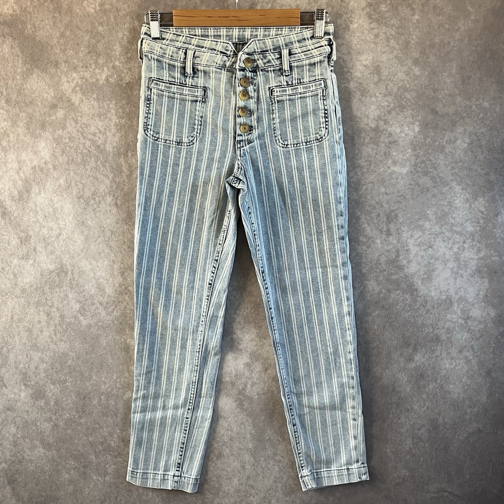 Pilcro Anthropologie High Rise Railroad Stripe Blue Slim Jeans Sz 26 Button Fly